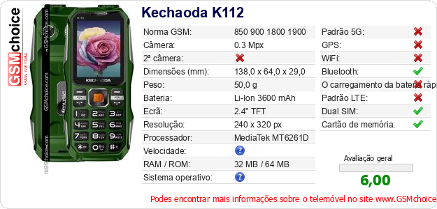 Kechaoda K112 Especificações técnicas do telemóvel Kechaoda K112 Especificações técnicas do telemóvel