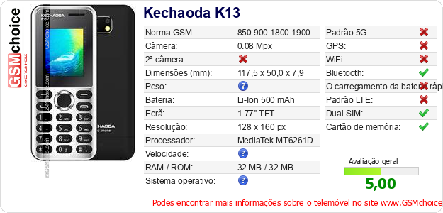 Kechaoda K13 Especificações técnicas do telemóvel 