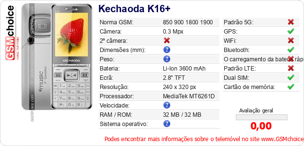 Kechaoda K16+ Especificações técnicas do telemóvel Kechaoda K16+ Especificações técnicas do telemóvel