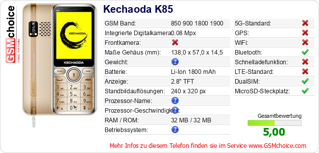 Kechaoda K85 technische Daten Kechaoda K85 technische Daten