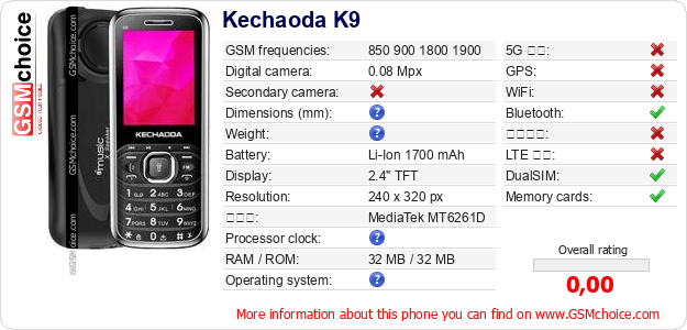 Kechaoda K9 手機技術數據