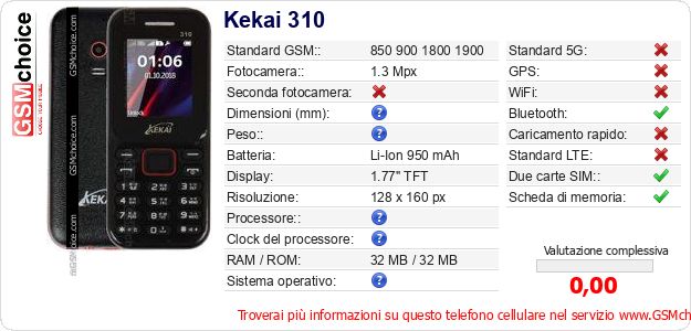 Kekai 310 Dati tecnici di telefono cellulare 
