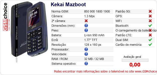 Kekai Mazboot Especificações técnicas do telemóvel Kekai Mazboot Especificações técnicas do telemóvel