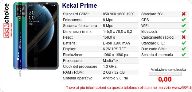 Kekai Prime Dati tecnici di telefono cellulare Kekai Prime Dati tecnici di telefono cellulare