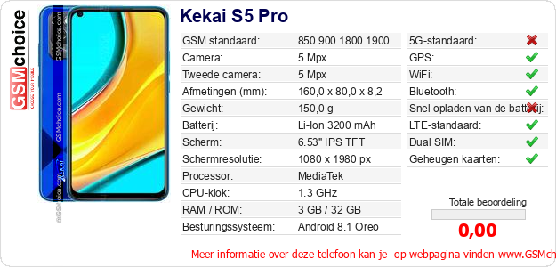 Kekai S5 Pro Technische gegevens Kekai S5 Pro Technische gegevens
