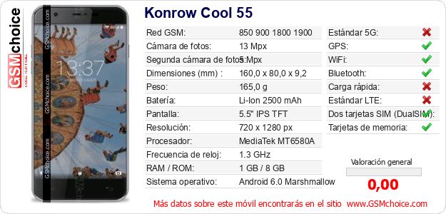 Konrow Cool 55 Datos técnicos del móvil Konrow Cool 55 Datos técnicos del móvil