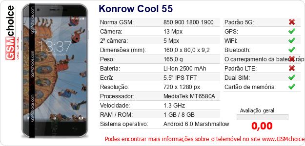 Konrow Cool 55 Especificações técnicas do telemóvel Konrow Cool 55 Especificações técnicas do telemóvel