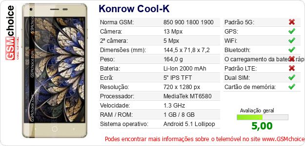 Konrow Cool-K Especificações técnicas do telemóvel Konrow Cool-K Especificações técnicas do telemóvel