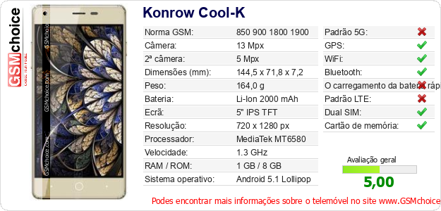 Konrow Cool-K Especificações técnicas do telemóvel 