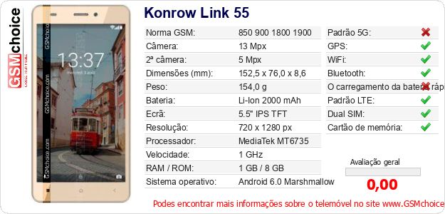 Konrow Link 55 Especificações técnicas do telemóvel Konrow Link 55 Especificações técnicas do telemóvel