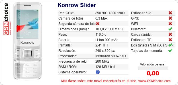 Konrow Slider Datos técnicos del móvil Konrow Slider Datos técnicos del móvil