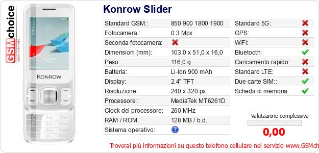 Konrow Slider Dati tecnici di telefono cellulare 