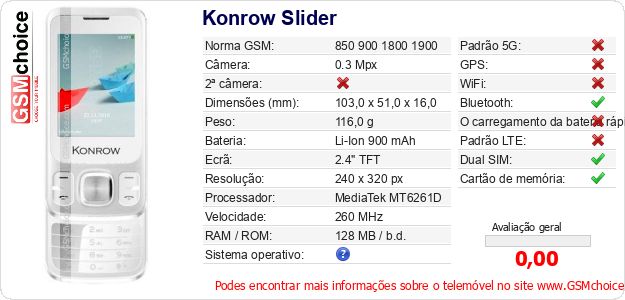Konrow Slider Especificações técnicas do telemóvel 