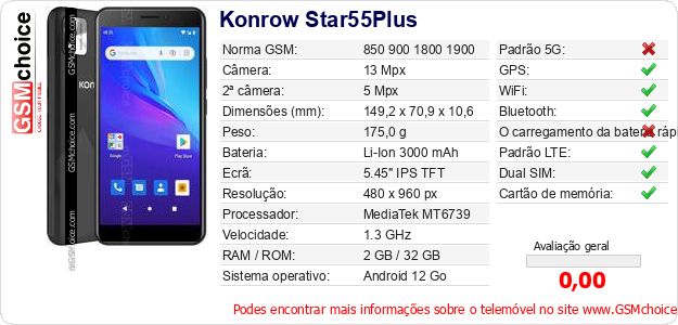 Konrow Star55Plus Especificações técnicas do telemóvel Konrow Star55Plus Especificações técnicas do telemóvel