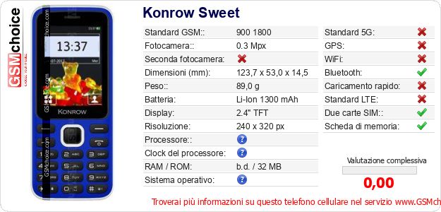 Konrow Sweet Dati tecnici di telefono cellulare Konrow Sweet Dati tecnici di telefono cellulare