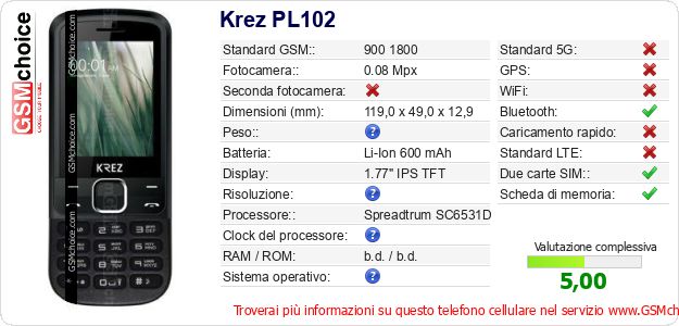 Krez PL102 Dati tecnici di telefono cellulare 