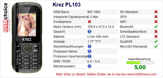 Krez PL103 technische Daten Krez PL103 technische Daten