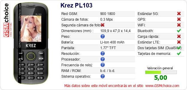 Krez PL103 Datos técnicos del móvil Krez PL103 Datos técnicos del móvil