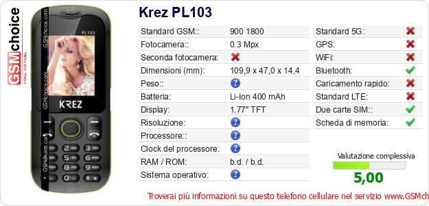 Krez PL103 Dati tecnici di telefono cellulare Krez PL103 Dati tecnici di telefono cellulare