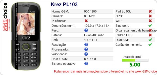 Krez PL103 Especificações técnicas do telemóvel Krez PL103 Especificações técnicas do telemóvel