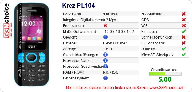 Krez PL104 technische Daten Krez PL104 technische Daten