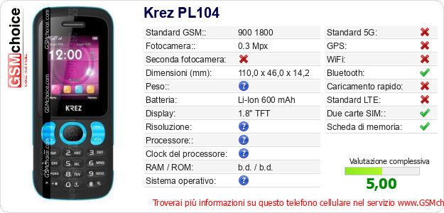 Krez PL104 Dati tecnici di telefono cellulare Krez PL104 Dati tecnici di telefono cellulare