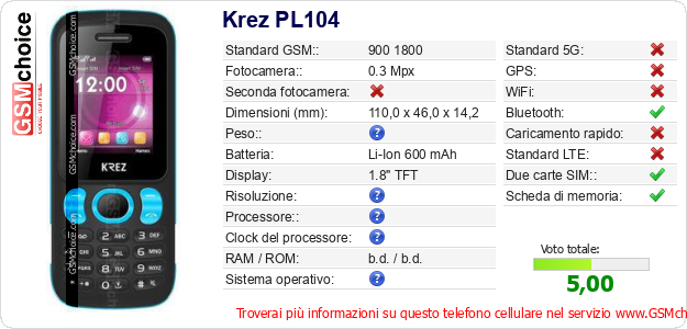 Krez PL104 Dati tecnici di telefono cellulare Krez PL104 Dati tecnici di telefono cellulare
