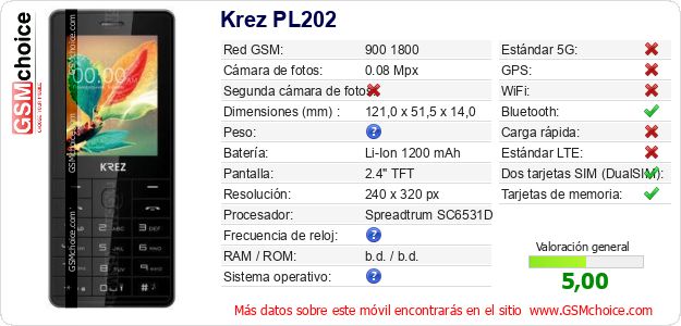 Krez PL202 Datos técnicos del móvil 
