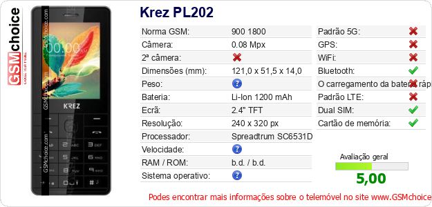 Krez PL202 Especificações técnicas do telemóvel Krez PL202 Especificações técnicas do telemóvel