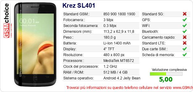Krez SL401 Dati tecnici di telefono cellulare Krez SL401 Dati tecnici di telefono cellulare
