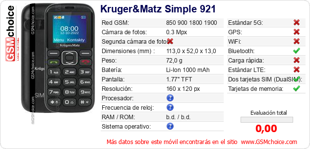 Kruger&Matz Simple 921 Datos técnicos del móvil 