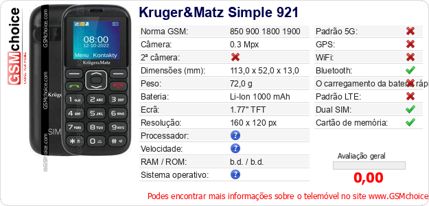 Kruger&Matz Simple 921 Especificações técnicas do telemóvel Kruger&Matz Simple 921 Especificações técnicas do telemóvel