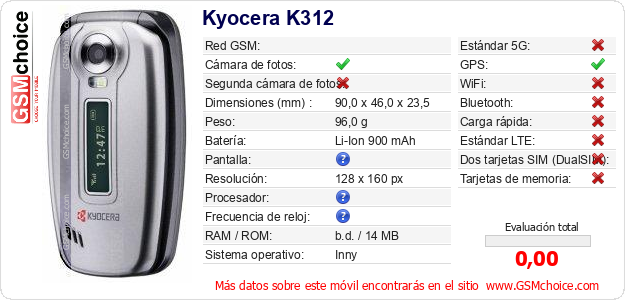Kyocera K312 Datos técnicos del móvil 