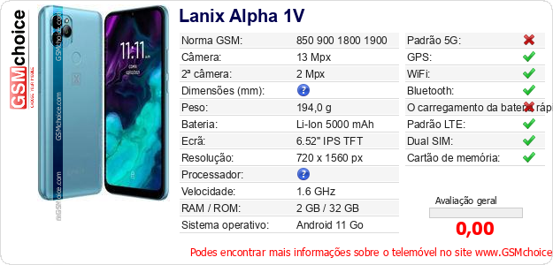 Lanix Alpha 1V Especificações técnicas do telemóvel Lanix Alpha 1V Especificações técnicas do telemóvel