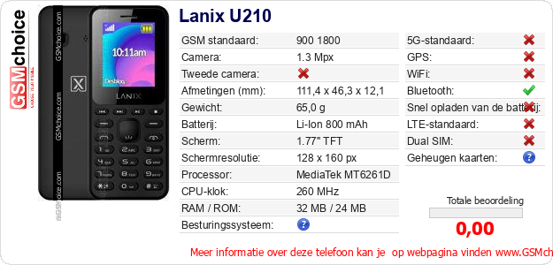 Lanix U210 Technische gegevens Lanix U210 Technische gegevens