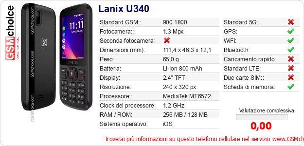 Lanix U340 Dati tecnici di telefono cellulare Lanix U340 Dati tecnici di telefono cellulare