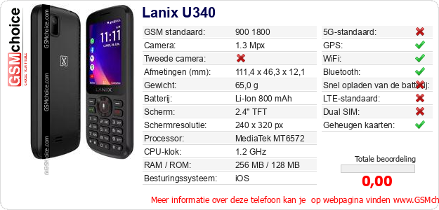 Lanix U340 Technische gegevens Lanix U340 Technische gegevens