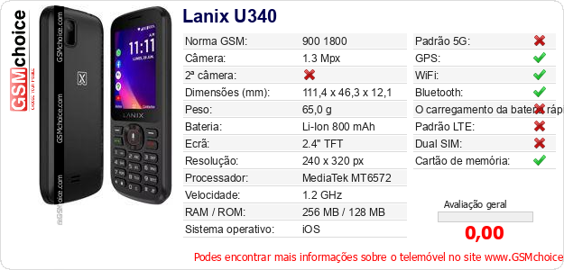 Lanix U340 Especificações técnicas do telemóvel 