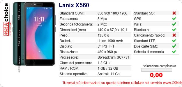 Lanix X560 Dati tecnici di telefono cellulare 