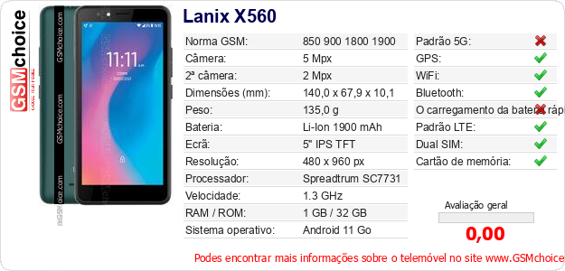 Lanix X560 Especificações técnicas do telemóvel 
