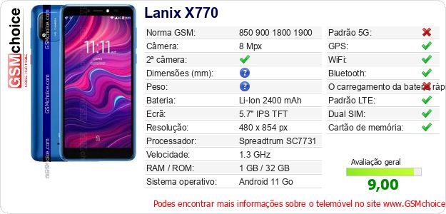 Lanix X770 Especificações técnicas do telemóvel Lanix X770 Especificações técnicas do telemóvel