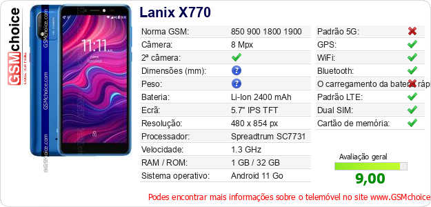 Lanix X770 Especificações técnicas do telemóvel Lanix X770 Especificações técnicas do telemóvel