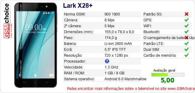 Lark X28+ Especificações técnicas do telemóvel Lark X28+ Especificações técnicas do telemóvel
