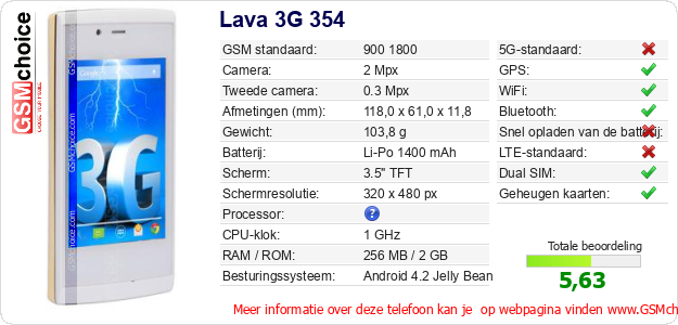 Lava 3G 354 Technische gegevens Lava 3G 354 Technische gegevens