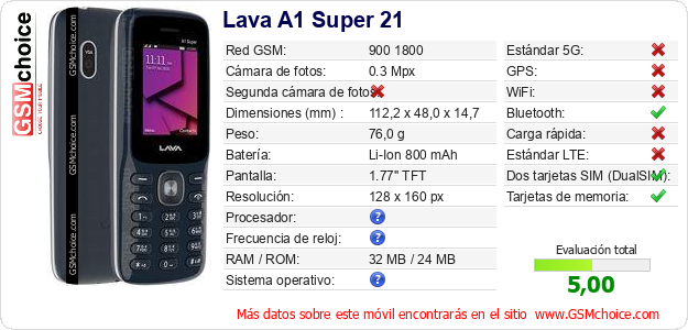 Lava A1 Super 21 Datos técnicos del móvil Lava A1 Super 21 Datos técnicos del móvil