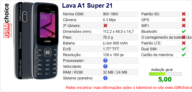 Lava A1 Super 21 Especificações técnicas do telemóvel 