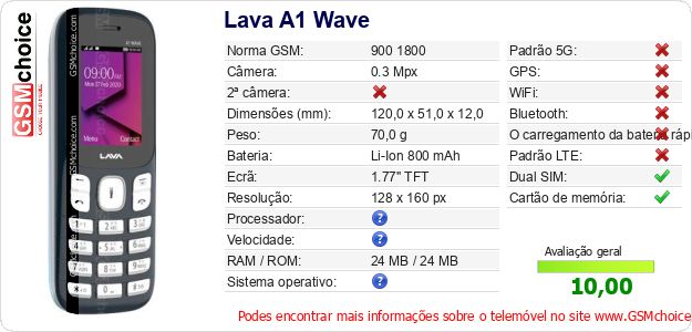Lava A1 Wave Especificações técnicas do telemóvel Lava A1 Wave Especificações técnicas do telemóvel