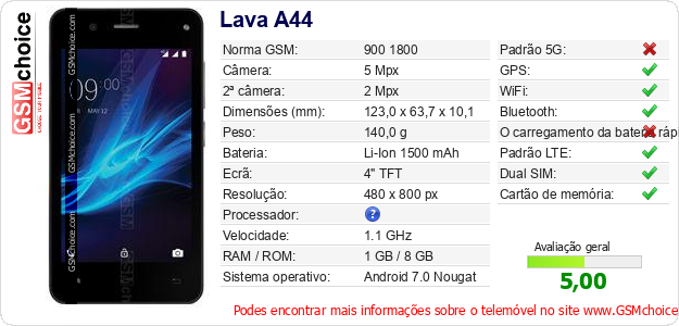 Lava A44 Especificações técnicas do telemóvel Lava A44 Especificações técnicas do telemóvel