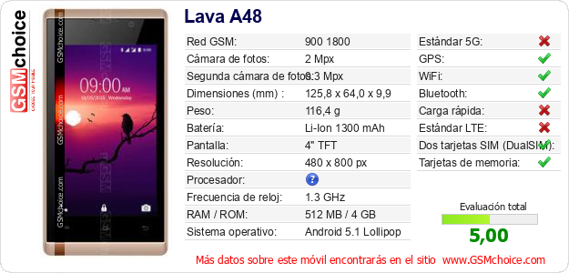 Lava A48 Datos técnicos del móvil 
