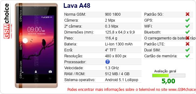 Lava A48 Especificações técnicas do telemóvel 